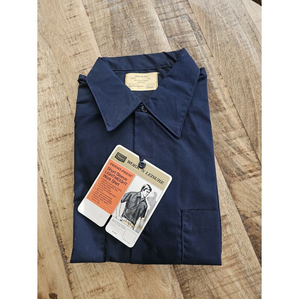 Sears Perma-Prest Vintage Work Shirt Navy Blue NWT Men's Size L